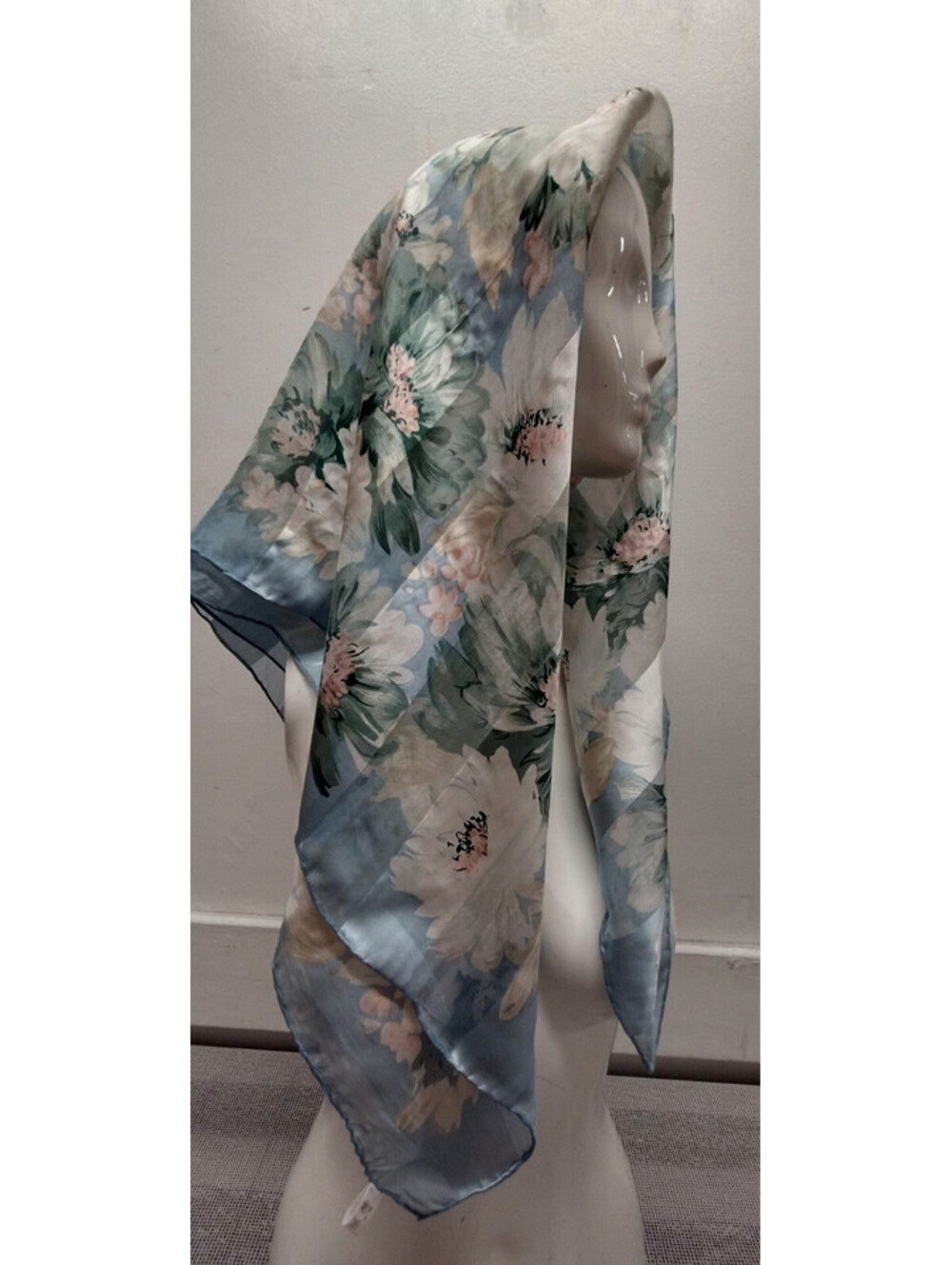 Vintage Scarf Baby Blue Satin Chiffon Scarf 100% Chinese Fine Silk Pastel Floral